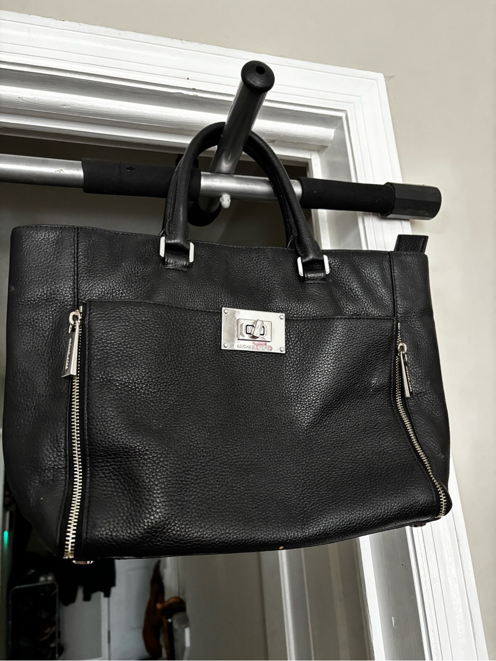 Michael Kors Black Pebbled Leather Briefcase Tote with Silver Hardware